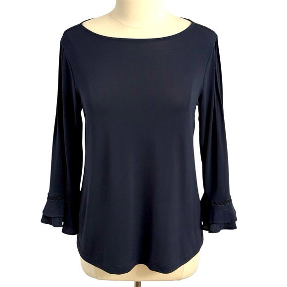 Ann Taylor Factory Women's Knit 3/4 Double Ruffle Sleeve Top, Navy, Size S - Picture 1 of 7